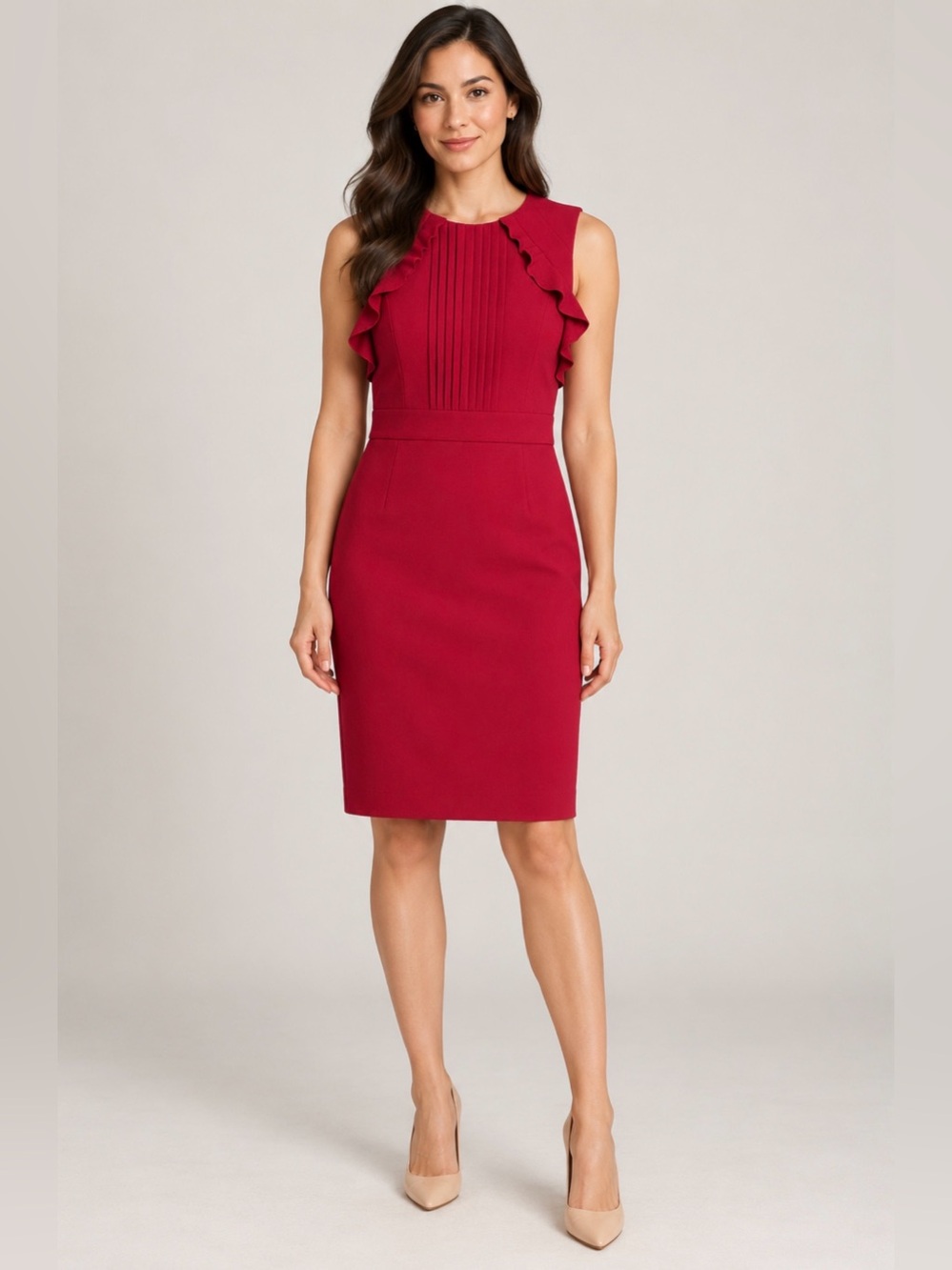 Ann Taylor Petite 6P Red Ruffle Pintuck Sleeveless Sheath Dress
